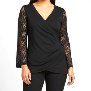 EMERALD Lace Sleeve Black Faux Wrap Top, NWOT! Size 1X